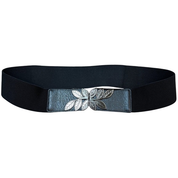Accessories - Womens Black Elastic Cinch Belt Silver Leaf Buckle Wide Waist Band 35 Inch